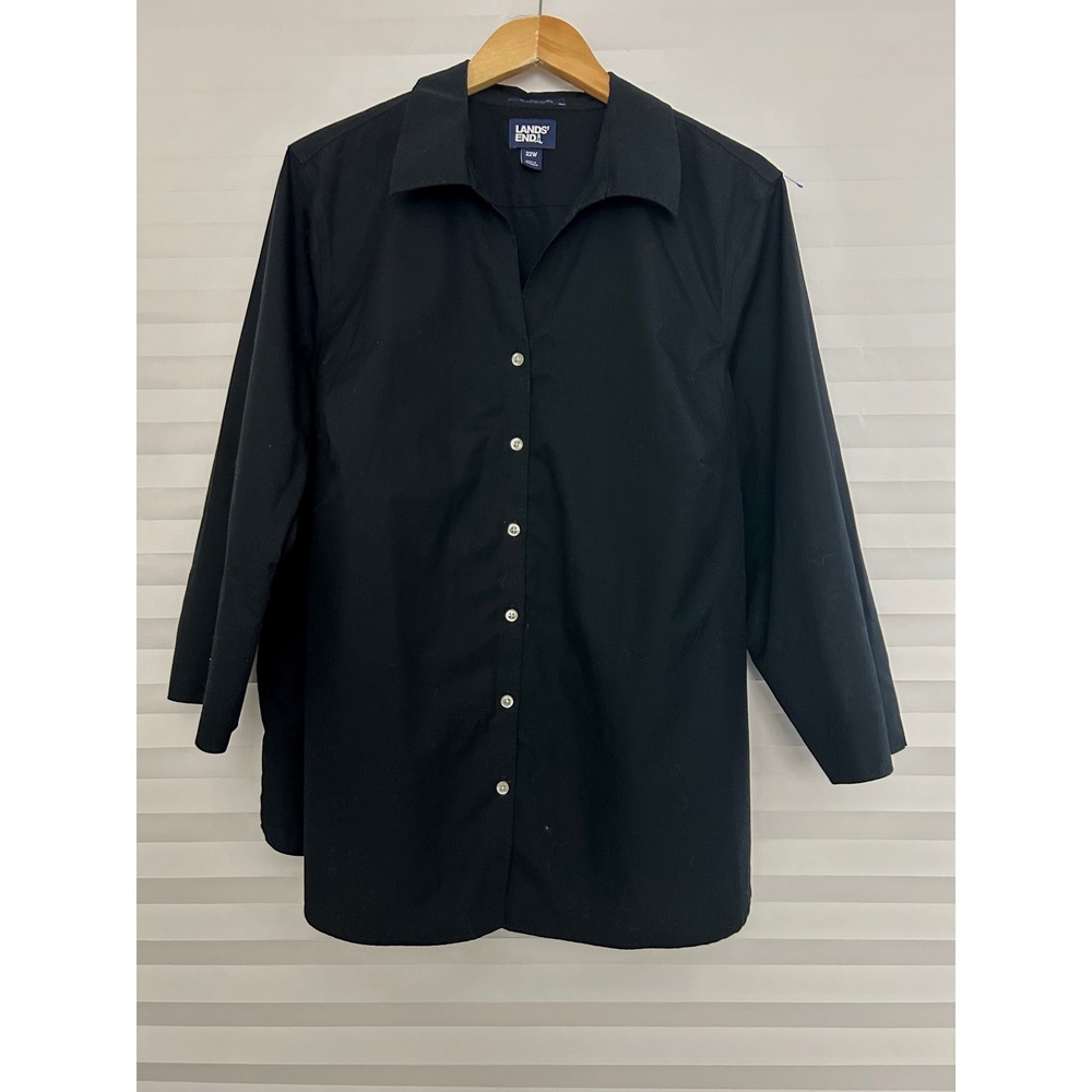 Lands End Women 22W Black No Iron Broadcloth 3/4 Sleeve Button Down Shirt